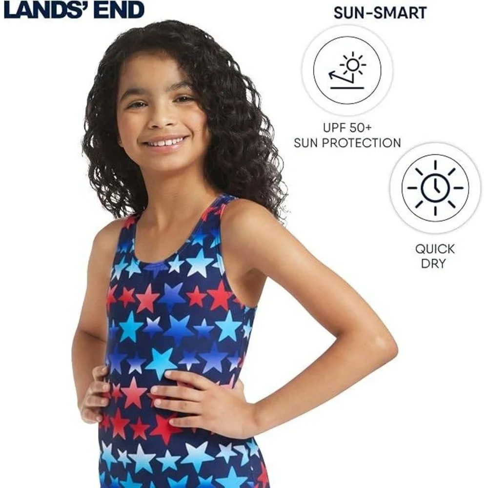 Lands End Girls Star Print One Piece Swimsuit Red Blue White Size M 8 UPF 50+
